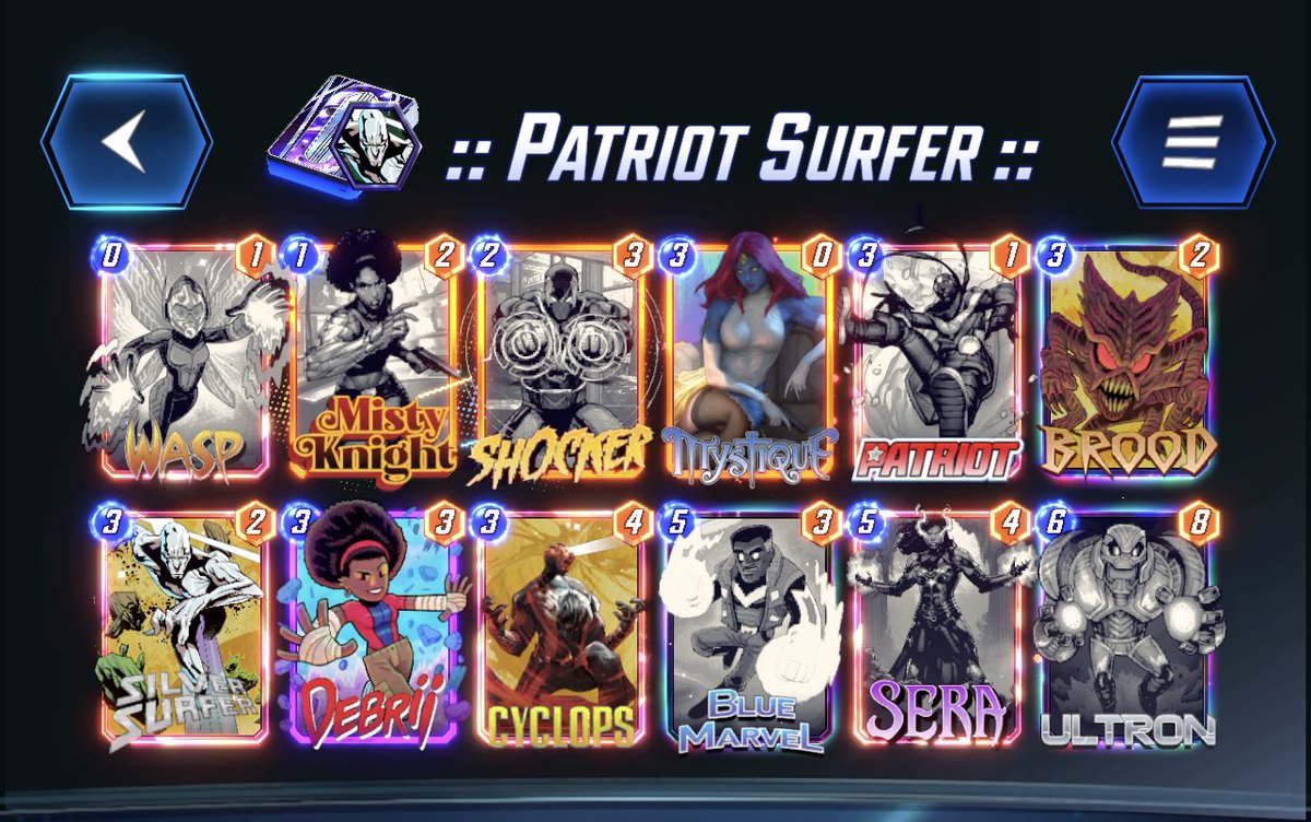 RenerF's tweet photo. @MARVELSNAP I’ve been working on my Sera Patriot Surfer deck for MONTHSSS, trying to get as many hipps for it &amp; all black and white or gold snaps. 2 days of hipp take over, 18 total hipps and no Sera !!! I can legitimately say that I hate this game. Might delete tonight. Thanks. https://t.co/OmMmBkXngf