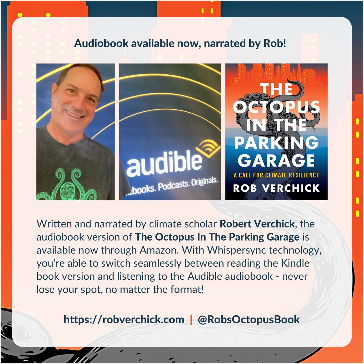 RobsOctopusBook's tweet image. This past summer, @RobVerchick narrated his latest book, The Octopus In The Parking Garage. Learn how to approach the climate crisis with a problem-solving mindset, available via @audible_com now: 👉 bit.ly/3PLXEE3 🎧🐙📚🌏 #audiobook #ClimateResilience #RobsOctopusBook