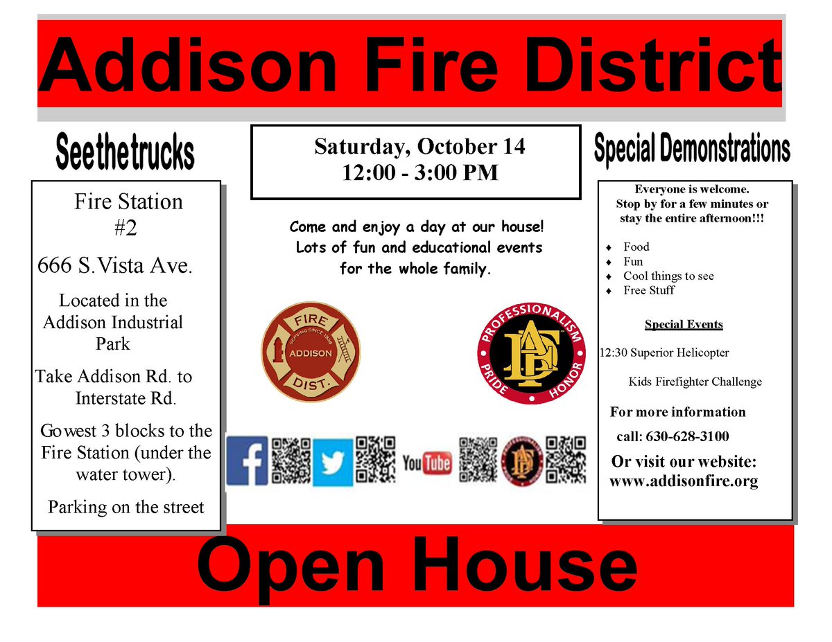 Come and join our Addison Fire District for their Open House on Saturday, October 14! There will be food, special presentations, a chance to check out fire trucks, and more! Check out the attached flyer for more information. We hope to see you there! #ASD4ALL