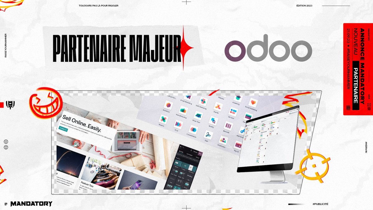 MandatoryGG's tweet photo. Bienvenue à notre nouveau partenaire majeur @Odoo qui va nous suivre sur la saison 2023/2024 ! Un grand merci à eux pour leur confiance 🟥🔨

Pour l'occasion, tente de gagner ton t-shirt MDR dédicacé par @HyPOfficial ! Ca se passe ici via ce site créé avec leur web builder : https://t.co/U42VUFbnX9

#Publicité