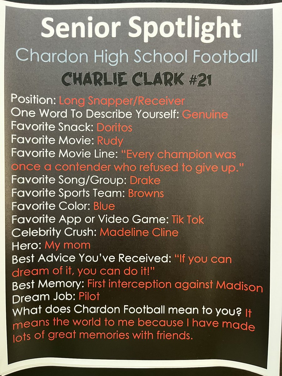 Kim Layman-Vujaklija (@kvujaklija) on Twitter photo CHS Senior Spotlight: Charlie Clark #21. Coaches said Charlie is a dedicated player with a great personality. He immediately stepped up and embraced his role on the team in a big way! We’re lucky to have Charlie in our family. <a href="/topperfb/">Chardon Hilltopper Football</a> <a href="/ChardonGridiron/">Chardon Gridiron</a> <a href="/chardonboosters/">Chardon Boosters</a> CHS Senior Spotlight: Charlie Clark #21. Coaches said Charlie is a dedicated player with a great personality. He immediately stepped up and embraced his role on the team in a big way! We’re lucky to have Charlie in our family. <a href="/topperfb/">Chardon Hilltopper Football</a> <a href="/ChardonGridiron/">Chardon Gridiron</a> <a href="/chardonboosters/">Chardon Boosters</a>