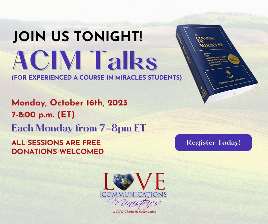 LoveComm's tweet image. Join us for ACIM Talks TONIGHT! 🌟

Calling all experienced ACIM students! Let&apos;s unite for a journey of self-discovery, healing, and spiritual growth.
Free sessions (Donations Welcome!) 
Register: conta.cc/3zNITZM

#ACIM #SpiritualGrowth #FreeTalks #ACIMTalks