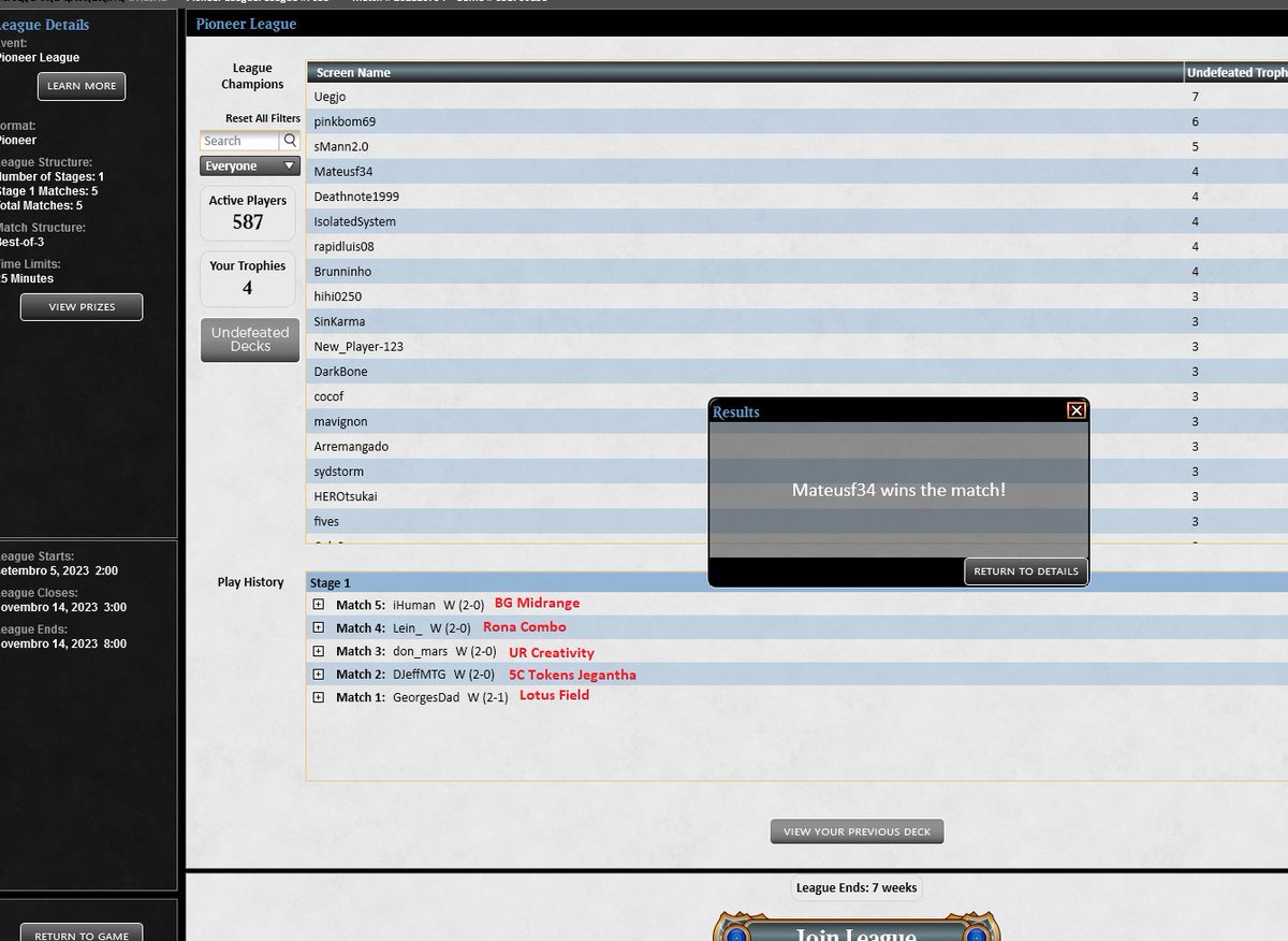 #4🏆 Izzet Phoenix Pioneer

Lista bem fora do normal, mas com tanto hate focado na Phoenix e tanto combo, decidir quebrar um pouco a linha padrão do deck, funcionando como um Izzet Drakes pós side.

O artigo com sideguide lá no Apoia-se sai até domingo:
apoia.se/mateusf34