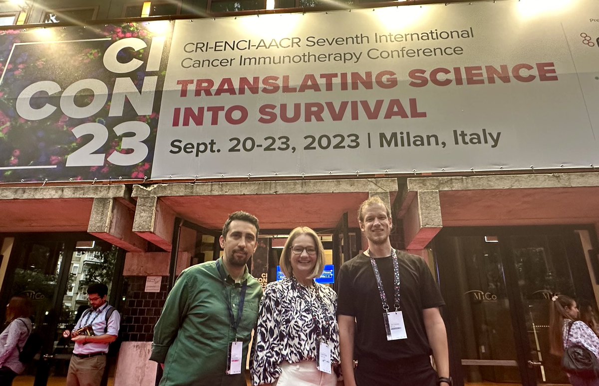 CIMT crew Mustafa Diken, Christine Castle and Jan Beck having a great time @ #CICON23. Excellent science &amp; great pizza. #cancerimmunotherapy in #milan