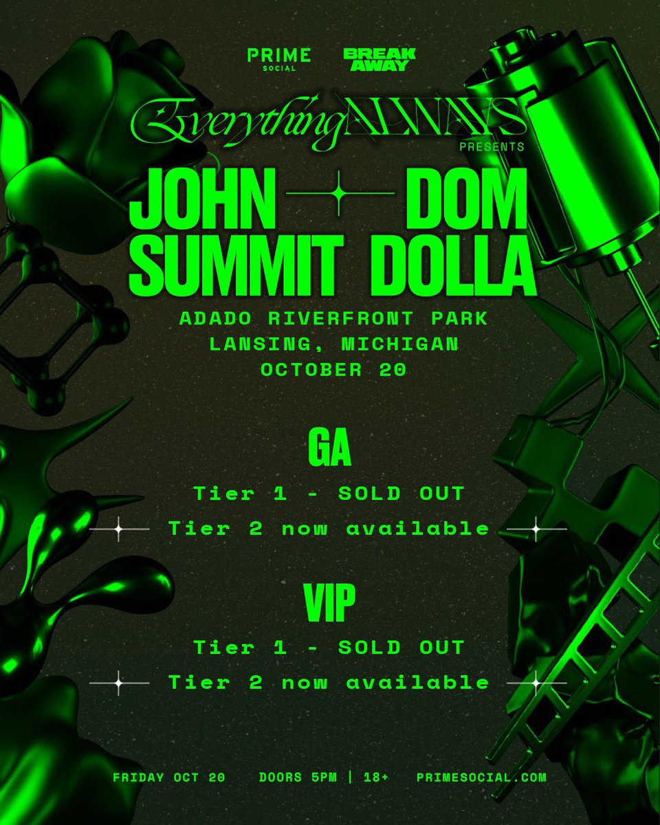 DOM DOLLA &amp; JOHN SUMMIT ARE COMING TO THE MITTEN! 
Limited presale is still available! Go to the link and use the presale code “ALWAYS” and then use my code “autabee” to save some $$ 💙💛💚🤍

universe.com/events/everyth…