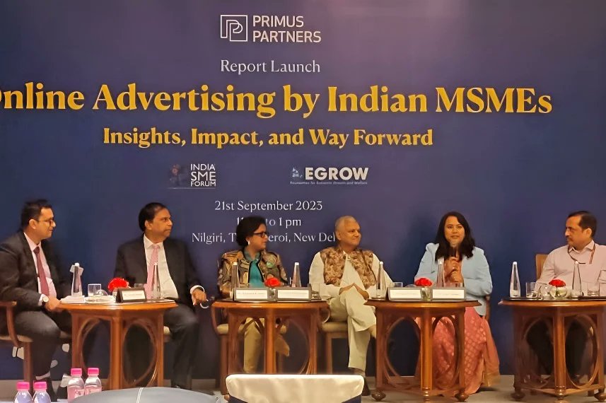 SMEForumIndia's tweet photo. Mr. Vimal Dadroo of India SME Forum along with Mr. Vinamra Mishra, Director, @minmsme, Mr. Armstrong Pame, Director, Ministry of I&B, Mr. Dilip Chenoy, Chairman, Bharat Web3 Association, Dr. M H Bala Subrahmanya, Professor, Department of Management Studies, IISc, Bangalore, Ms. Vidhya Srinivasan, VP, @Google and Ms. Chitra Gurnaniwas, Founder & CEO, @thrillophilia was part of an interesting panel discussion on "Online Advertising by Indian MSMEs: Insights, Impact and Way Forward".
 
Esteemed ISF Members Ms. Aditi Madan, Founder, Yangkiez by Momo Mami, Ms. Sriparna Das Chakraborty, Founder, CEO & Design Head, Aamani’s Crochet was the part of Panel Discussion on: "Challenges and Opportunities in Online Advertising for Indian SMEs: Industry Perspectives".

The primary goal of this session was to enhance their growth & competitiveness in the market through online advertising & digital footprint.

A report on "Online Advertisements by Indian MSMEs: Insights, Impacts and Way Forward" by Primus Partner in collaboration with India SME Forum and EGROW Foundation was launched too.

#Primuspartners #indiasmeforum #paneldiscussion
