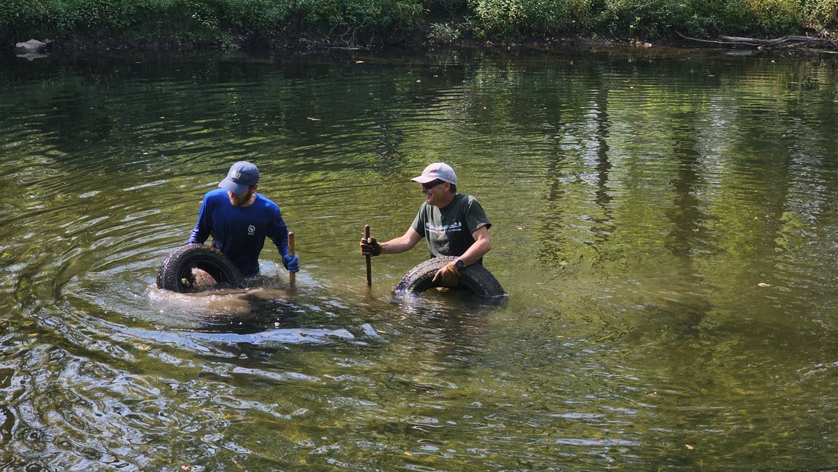 MuskyWatershed's tweet photo. The MWA's Ryan Jiorle and Frank Nanna spent some time wading through the Musky and pulled nine tires from the river just upstream of the River Resource Center. Tires slowly break down in the river, creating a continuous strain on water quality in the long term. https://t.co/MRYvARJ4Z7