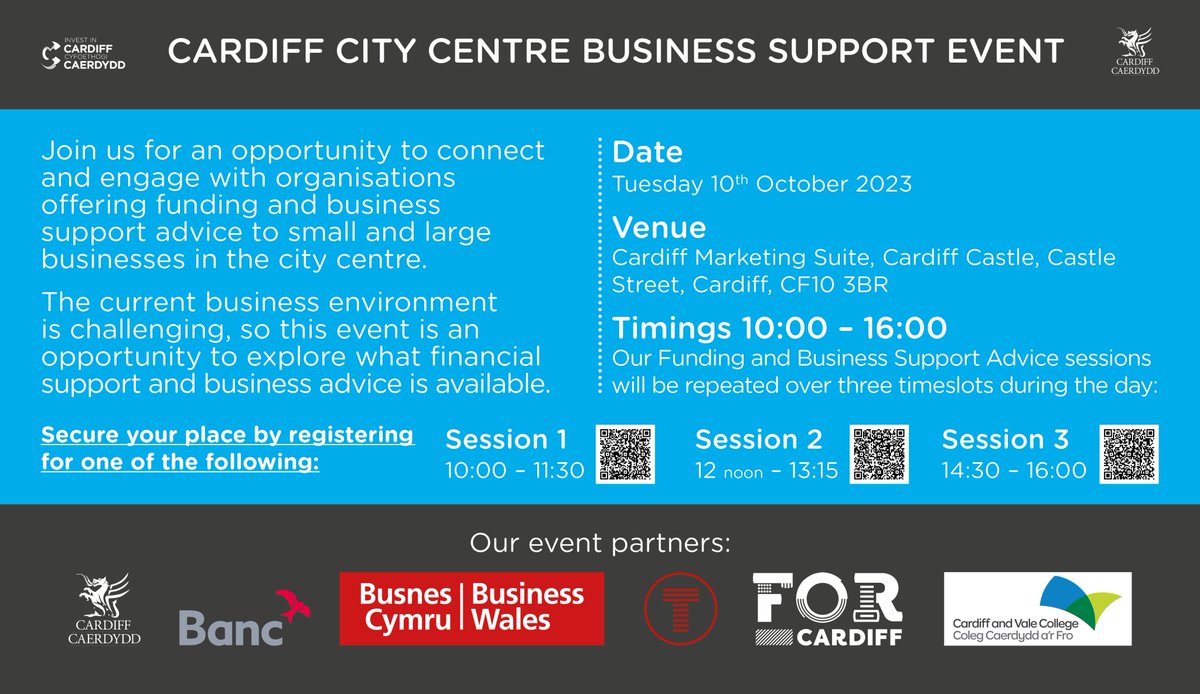 We're delighted to announce the Cardiff City Centre Business Support event, where businesses can hear from a range of business organisations, offering funding advice and support. Sign up today! @cardiffcouncil @devbankwales @_businesswales @transport_wales @CAVC @FOR_Cardiff