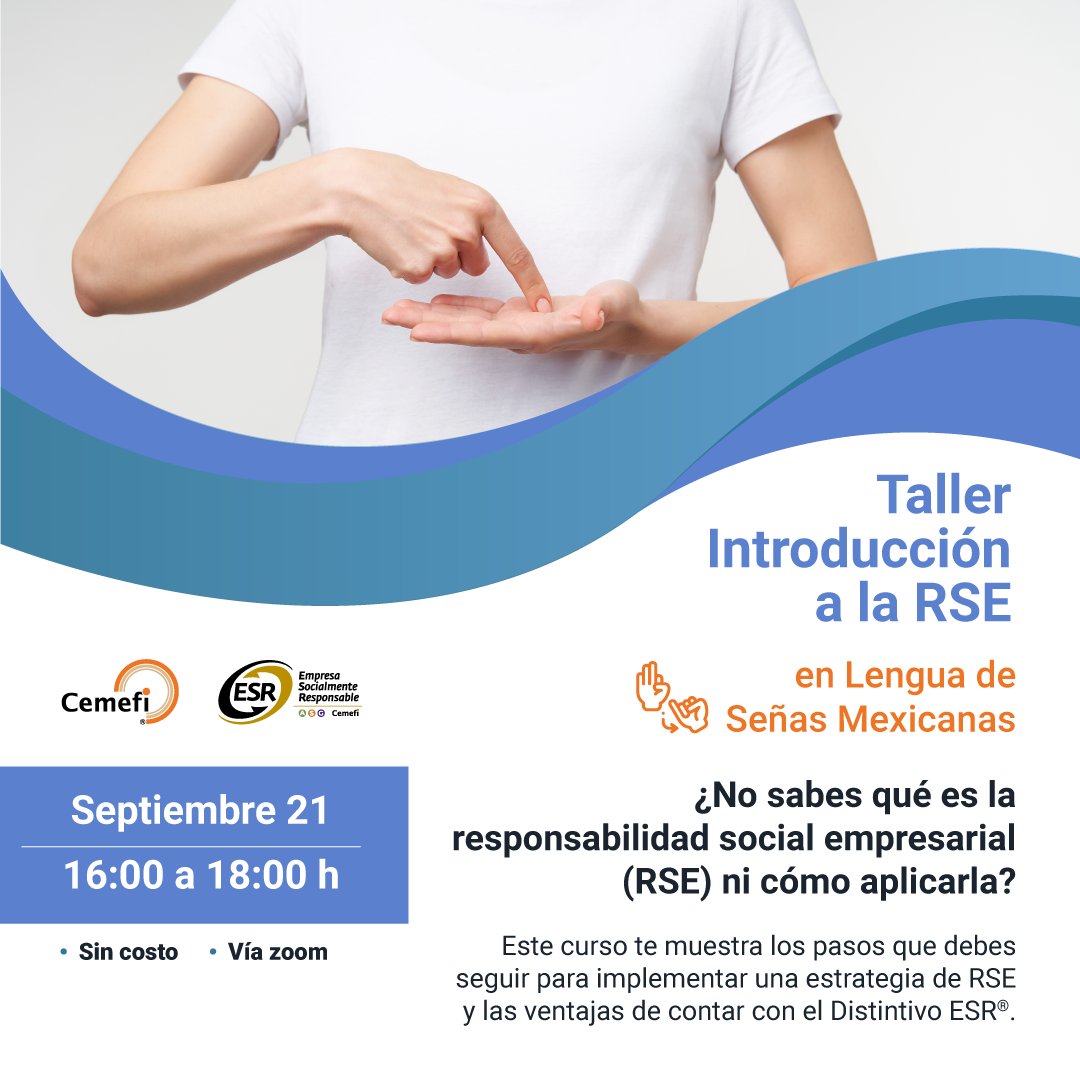 Cemefi_RSE's tweet photo. 🙌 #EsHoy Participan en nuestro 1⃣er taller de Introducción a la Responsabilidad Social Empresarial #RSE con interpretación en Lengua de Señas Mexicana #LSM. #EsGratis ¡Te esperamos!
🗓️ 21 de septiembre |⏰16.00h
https://t.co/zOrYS4iVcZ https://t.co/wOYtWtgXfn