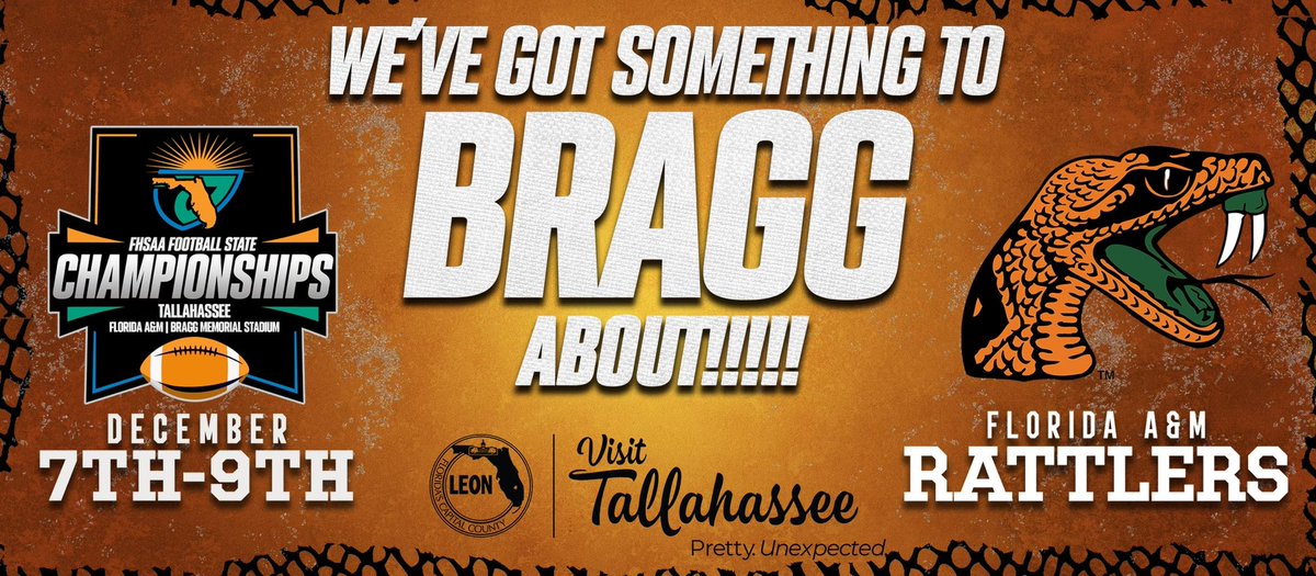 It’s Official! The 2023 FHSAA Football State Championships will happen on the campus of Florida A&amp;M at Ken Riley Field in Bragg Memorial Stadium! Dec. 7th-9th! All 9 classes! Make plans TODAY! Visit FHSAA.com for more information. 🏆🏈🐍