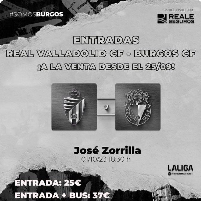 #LaaficiónBCF| [Viaje a Valladolid]

El @Burgos_CF organiza viaje a Valladolid para presenciar el partido 🆚 @realvalladolid el domingo 1 a las 18:30 h 

Pack de autobús + entrada por 37 €. Sólo entrada 25 €

A la venta el lunes 25 a las 10h en #BCFTienda.