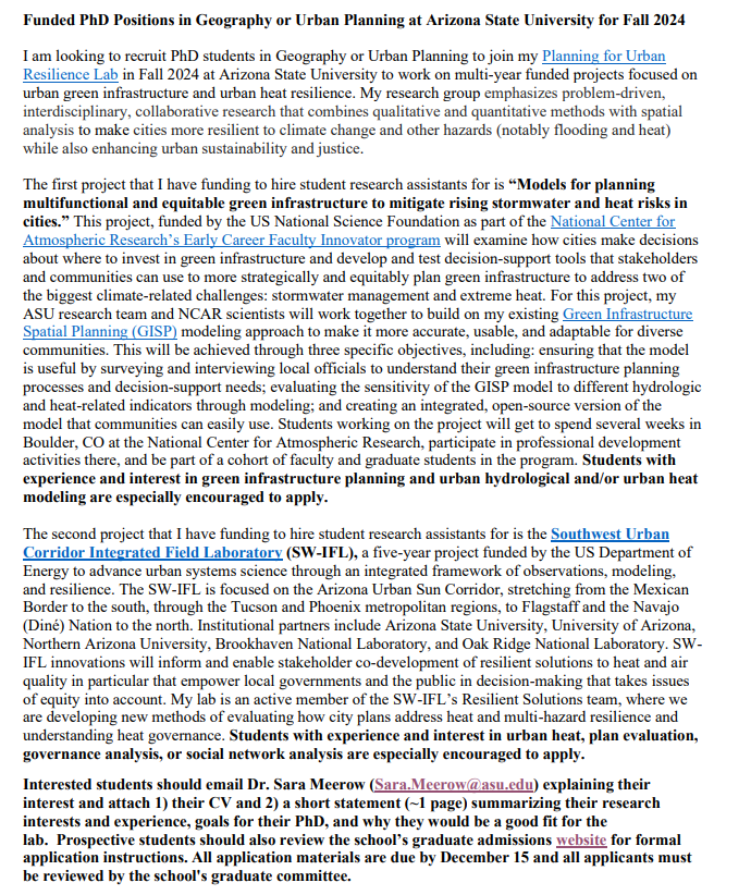 SaraMeerow's tweet photo. I'm looking to recruit #PhD students in #geography or #urbanplanning for Fall 2024 to work on funded projects (with @NCAR_Science &amp; @SW_IFL). Please share with potential students &amp; see details below or on my research group site:  https://t.co/hoEN0ycWq4 #greeninfrastructure #heat https://t.co/n8ArSHUFbB