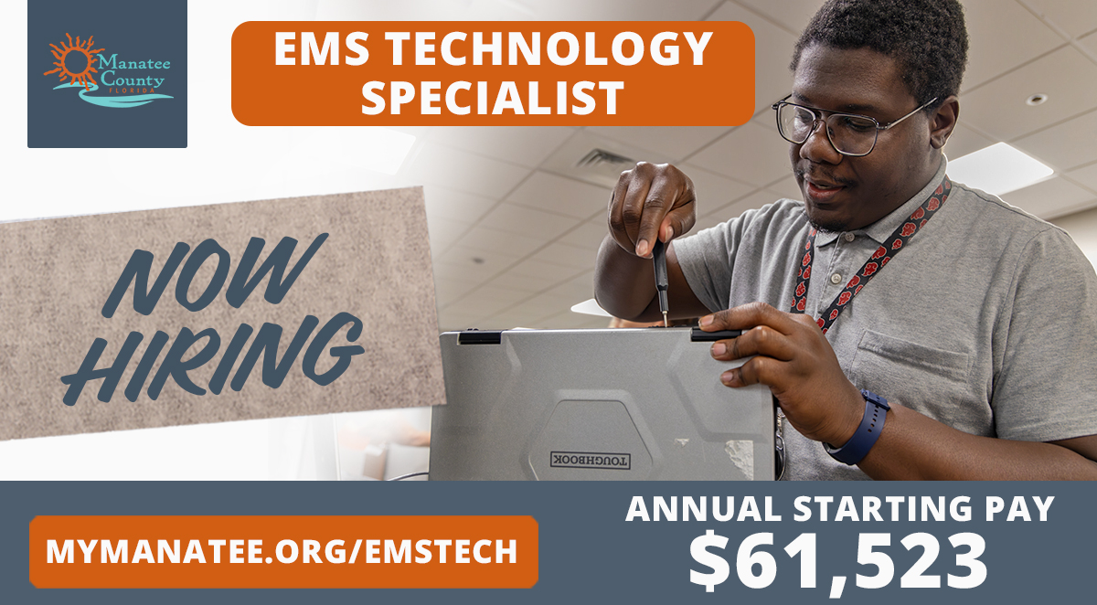 Join our Public Safety team! We are seeking a Technology Specialist to support our Emergency Medical Services. For more information and to apply by the deadline of September 28, 11:59 PM, please go to mymanatee.org/emstech
