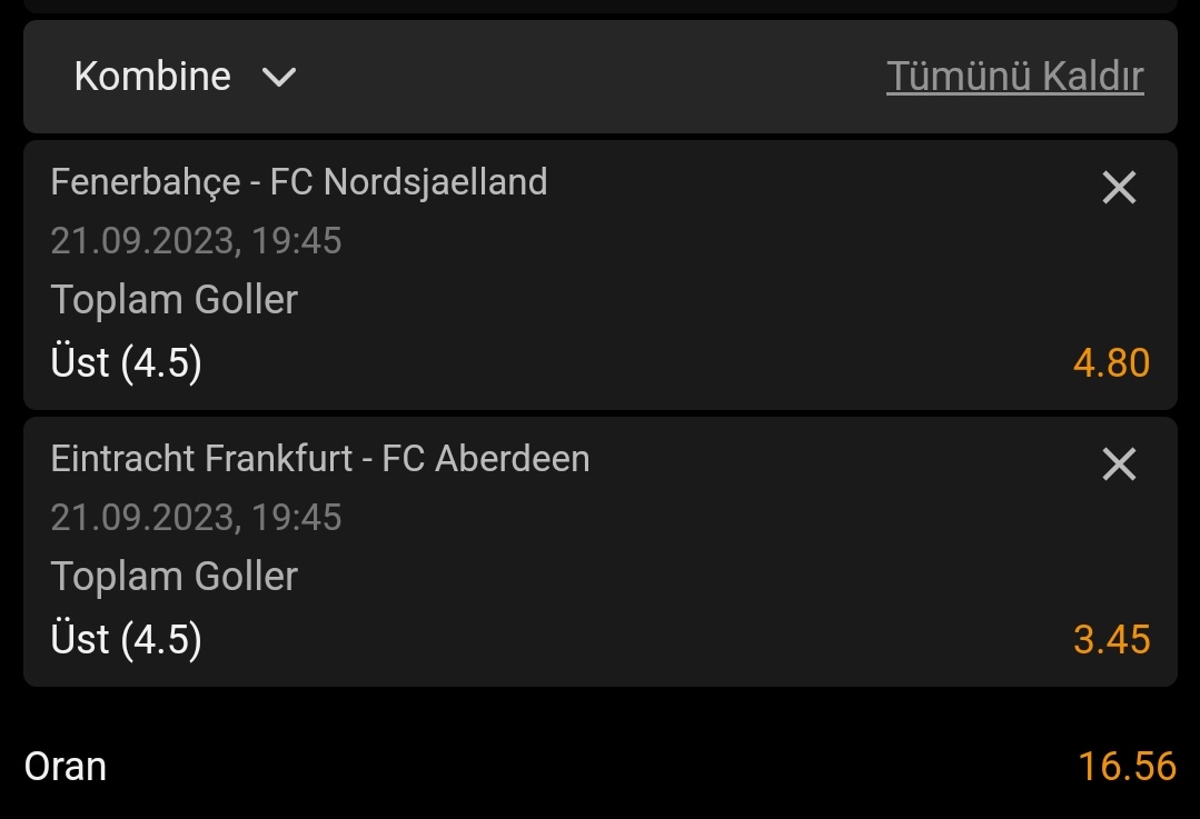UEFA 19:45 Kombini#

Fenerbahçe - Nordsjalland ( Ms 4.5 gol üst )

Frankfurt - Aberdeen ( Ms 4.5 gol üst )

Toplam Oran: 16:56

Kimler Benimle 👉 ❤️

Herkese bol şans ☘️

1 saate Canlı Bahisler İle buradayım

Takipte kalın 👉 <a href="/Nemobalikbey/">Nemo</a>