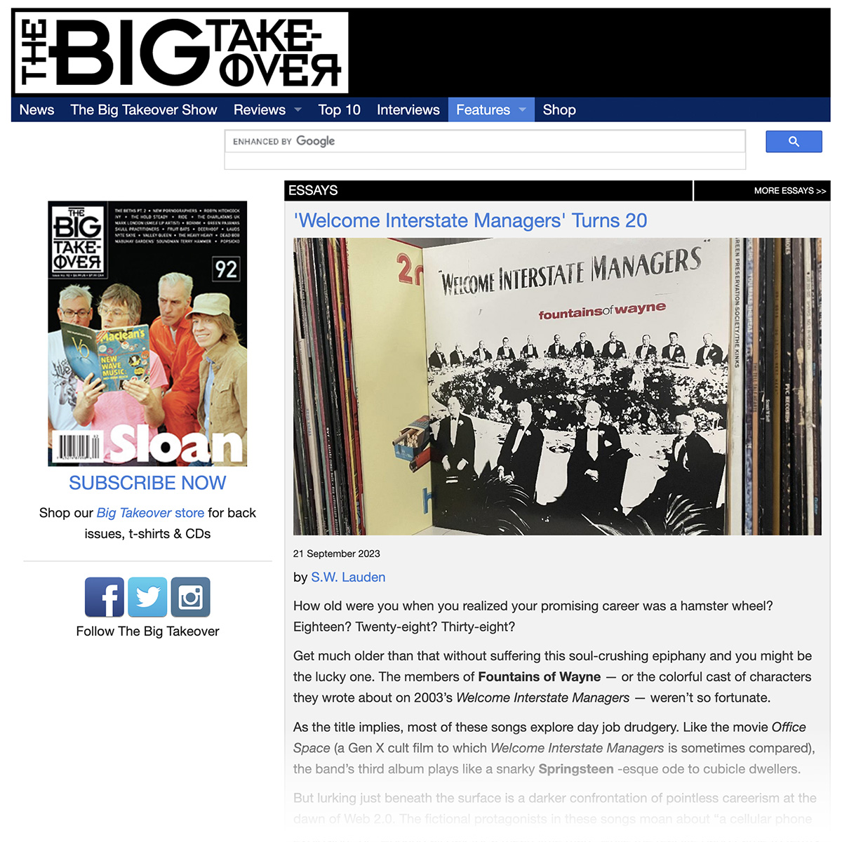 The very talented @swlauden at @BigTakeoverMag wrote a killer article on @fountainsofwayn 'Welcome Interstate Managers' that includes an interview w/ DOS 🥰 along with other great artists. This is a must-read for any FOW fan. tinyurl.com/7x2jt9uc #fountainsofwayne #powerpop