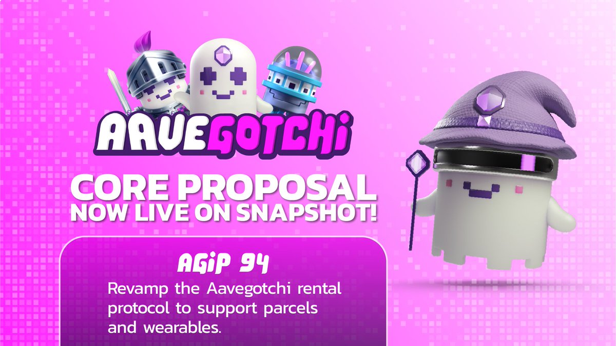 A wild new AGIP has appeared in #AavegotchiDAO 👀

Should the DAO benefit from rental activity? 🤔

Will renting Parcels and Wearables pave the way to prosperity? 🤑

Vote now on AGIP94 and earn 20xp for all ur Gotchis if quorum is reached! 🔥

Link below 👇