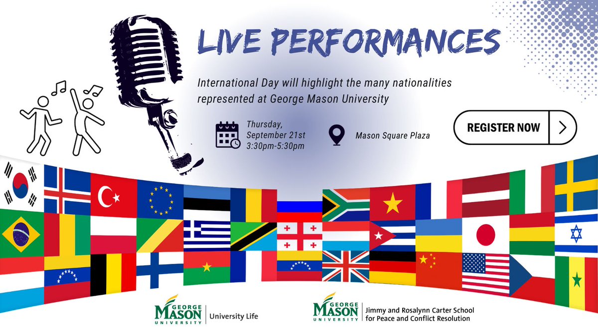 See you soon this afternoon at Mason Square!

Join us today, starting at 3:30 pm, as we highlight the many nationalities represented at Mason!

Learn more below>>
eventbrite.com/e/carter-schoo…

#MasonNation #GMUCarterSchool @GeorgeMasonU #InternationalDay2023 #PeaceWeek2023