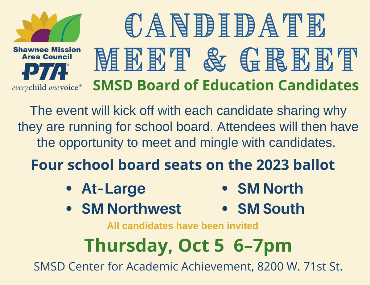 Be an informed voter! Mark your calendar and come meet candidates running for our SMSD School Board. 

This event is open to everyone in the community — bring a friend or a neighbor! And spread the word!