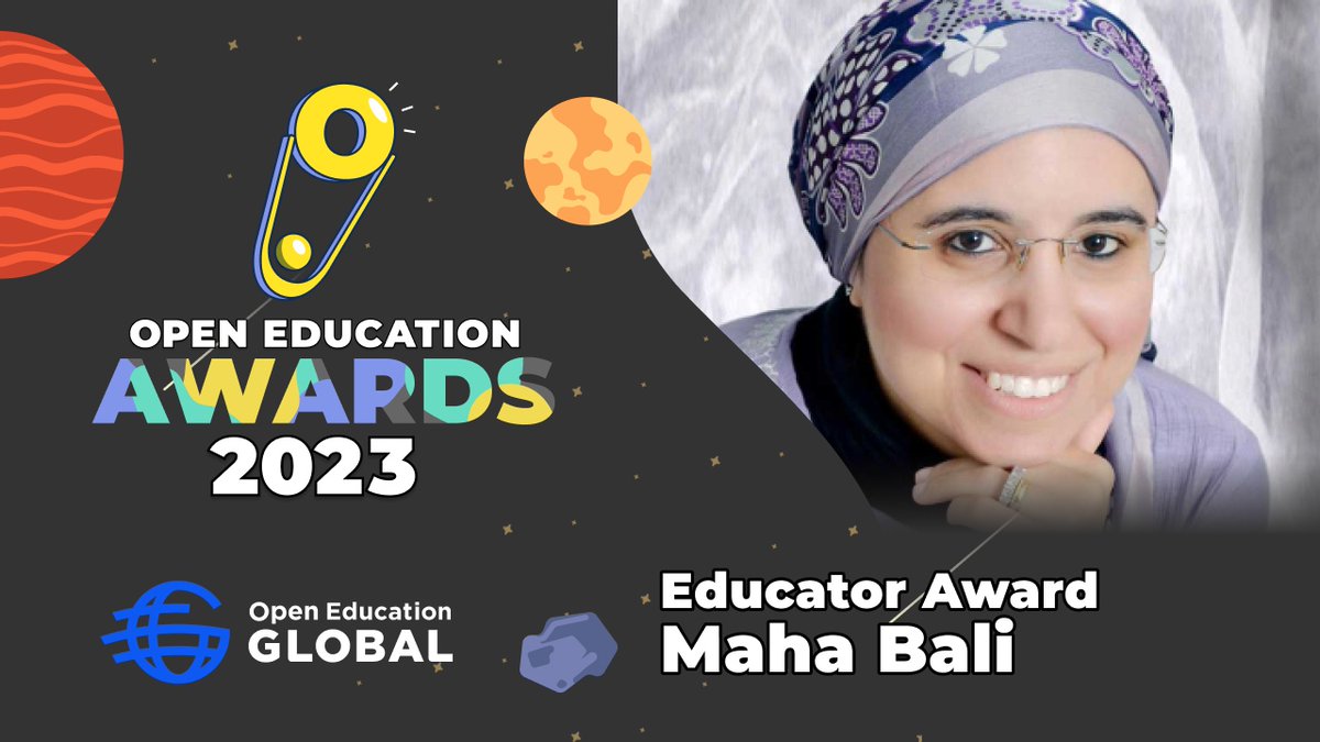 OpenEdGlobal's tweet photo. 🏆 #OEGlobal23 Winners Announced!

#PeopleInOpen #OpenEducator #AwardWinner is @bali_maha
from @AUC

🎉 Congratulations!! 🪅
Winners 🤝 https://t.co/RyHjV9jX4f
Ceremony ⏯️ https://t.co/XGhB8QJ6BM

#OEAwards #OpenEducation #EducationExcellence #CelebrateExcellence #OpenLeader https://t.co/w4iAz75ZVJ