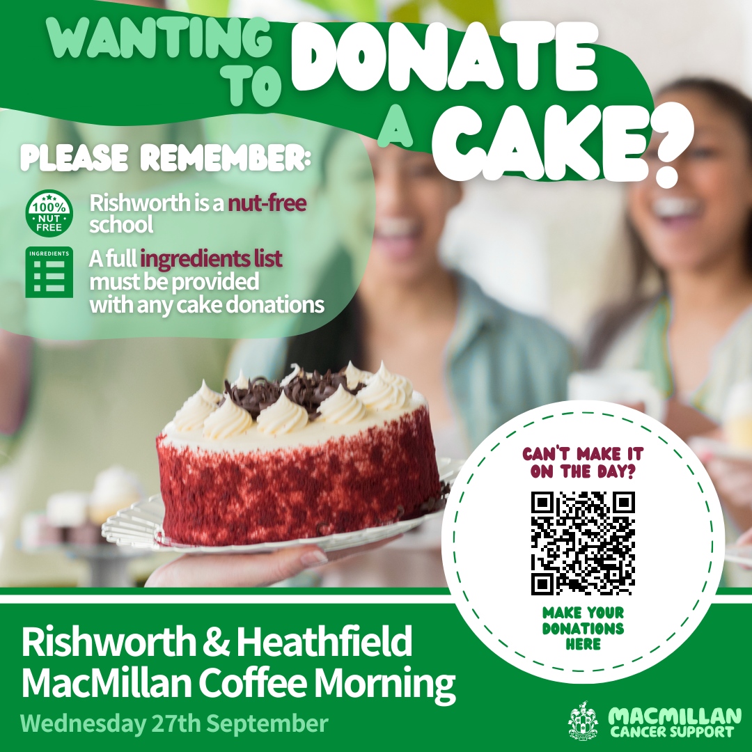 Rishworth1724's tweet photo. Thinking of what to bring for our Macmillan Coffee Morning? Let's make it nut-free so that we can all enjoy a slice for a good cause!
Bring on the cake! π°
#macmillancoffeemorning #supportingcancer #rishworthschool #heathfieldprep https://t.co/hQvpk9CRPc