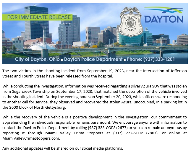 DaytonPolice's tweet photo. #DPDupdate The two victims in the shooting incident from September 19, 2023, near the intersection of Jefferson Street and Fourth Street have been released from the hospital.
(1/3) https://t.co/lWg3ztDpUF