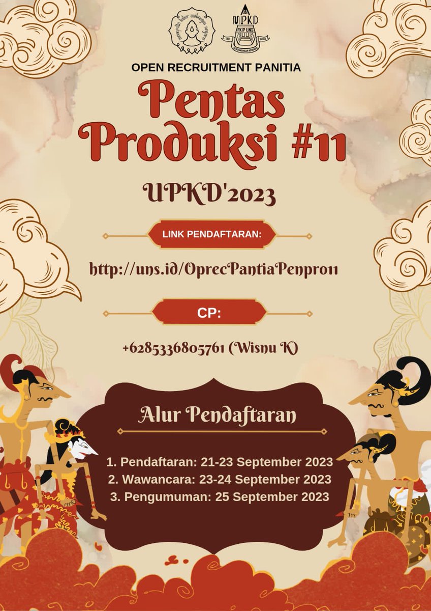 ✨OPEN RECRUITMENT PANITIA PENPRO #11✨

Salam Budaya ✊🏼
UPKD membuka pendaftaran calon panitia PenPro 2023, bisa dilihat dibawah ini 👇👇

🌍 Link Pendaftaran🌍
uns.id/OprecPantiaPen…

☎️ Cp:
+6285336805761 (Wisnu K)

 UPKD 2023 ESTUNGKARAA🔥🔥

SemangArt!!
Salam Budaya!!!✊✊