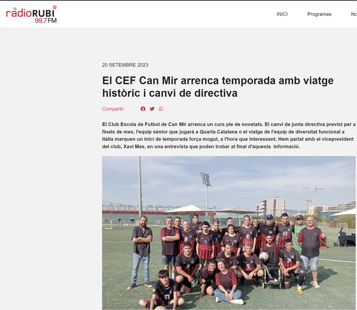 CEFCanMir's tweet photo. Radio Rubí entrevista a Xavi Mas
El CEF Can Mir arrenca temporada amb viatge històric i canvi de directiva
https://t.co/c2Cu3TomZH
#CEFCanMir #FutbolPerATothom #Bresso4 #DiversitatFuncional #CruyffLegacy #AjRubi #FEDAMAR #Senior #CapacitatsDiverses #RubiEsport #noticies https://t.co/1urLMZLoIF