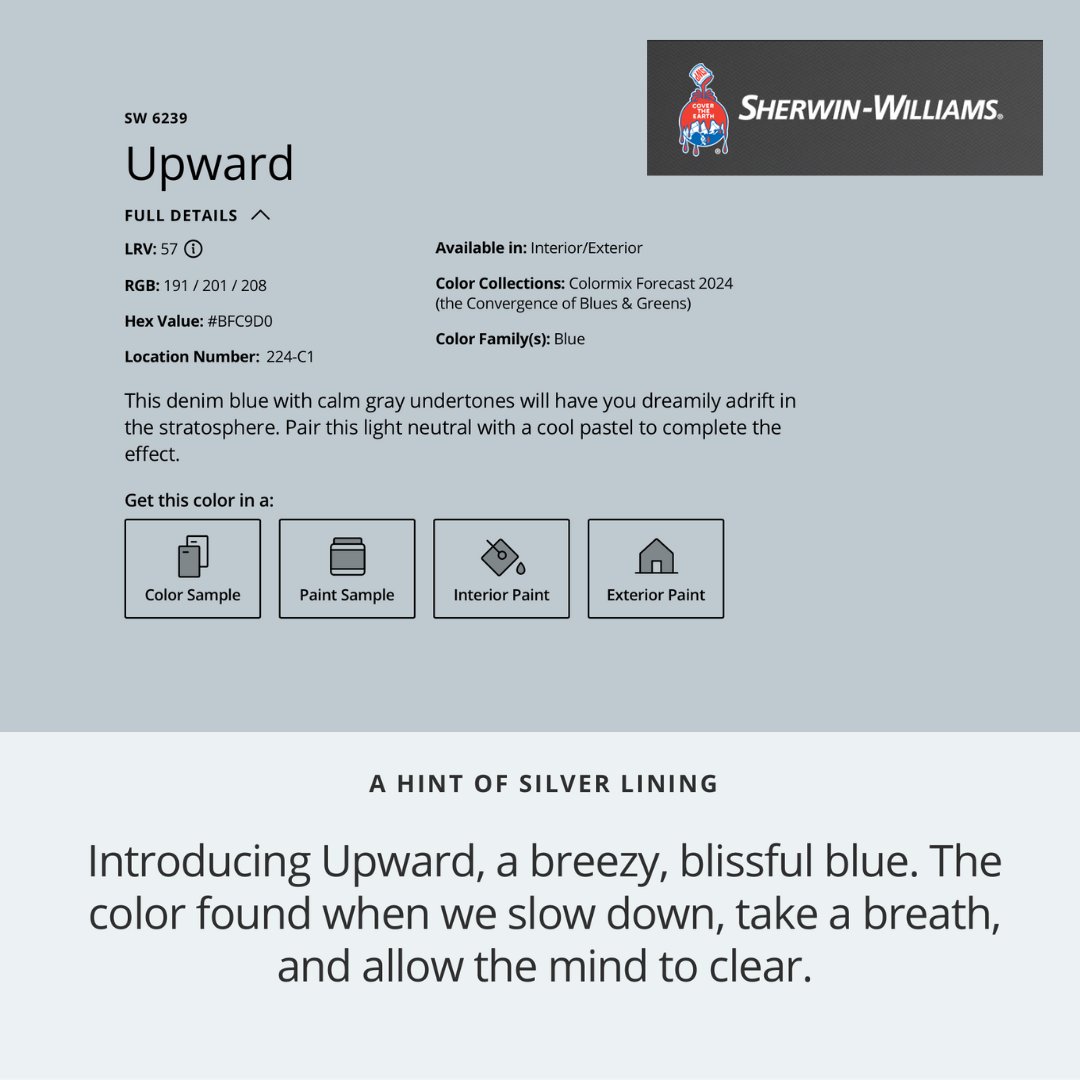 Chum1045's tweet image. Sherwin Williams announced the 2024 Colour of the Year - Upward! 

We all need a bit of blissful blue in our lives 💙 

📸: Sherwin Williams 
✍️: @TheAshleyGreco 

#SherwinWilliams #Upward #ColouroftheYear