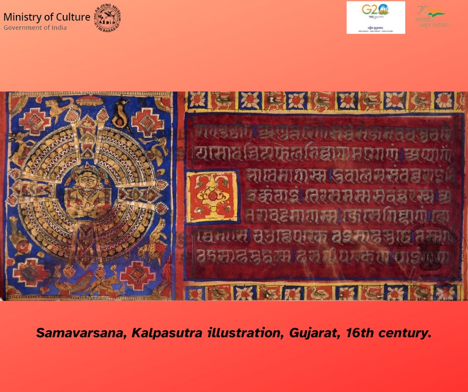 MinOfCultureGoI's tweet photo. #Repost @sjmhyd
An Illustrated Jain Kalpa Sutra manuscript with decorative painted bordered leaf with inscription in seven lined white Devanagari script against a deep brownish background is showcased here, Gujarat, 16th century.
#SalarJungMuseum #Kalpasutra #CultureUnitesAll https://t.co/IdoC8Hxlik
