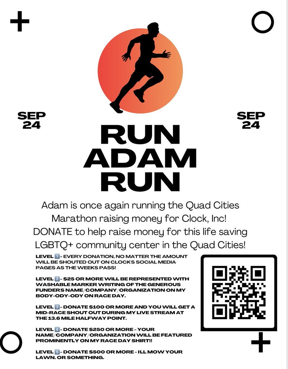 3 days until I run the <a href="/qcmarathon/">Quad Cities Marathon</a> to raise funds for <a href="/clockincLGBT/">Clock, Inc: LGBT+ Community Center</a> - help us crush the goal by donating! 

This nonprofit serves LGBT+ youth/adults both in Iowa &amp; Illinois, which is crucial in this time of heartache in the Iowa legislature. 🏳️‍🌈🏳️‍⚧️🏃🏻‍♂️

➡️tinyurl.com/runrunadam