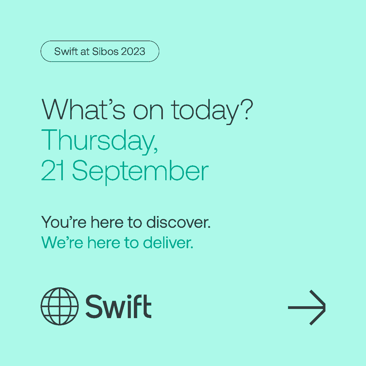 swiftcommunity's tweet photo. It’s the fourth and final day of Sibos today and we’re ending with a bang!
Learn how to reap the rewards of #ISO20022’s rich and structured data, how we’re collaborating to digitise global trade, and who the winners of this year’s #SwiftHackathon are.
Also, be sure to check out the closing plenary featuring our Chair of the Board, Graeme Munro, Deputy Chair, Samantha Emery, Chief Technology Officer, @CheriFMcGuire, and Chief Customer Experience Officer, Pat Antonacci.
And don’t miss the inspiring keynotes from climate scientist Katharine Hayhoe and world-renowned theoretical physicist Dr. Michio Kaku before a special closing message from #Swift CEO Javier Perez-Tasso.
Check out what’s on offer on the last day here: https://t.co/H4p0giswHY
#swiftatsibos #sibos #sibos2023