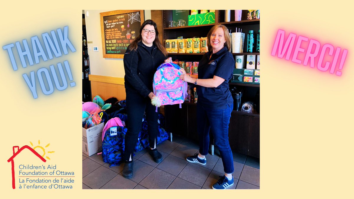 Our smiles couldn't get any bigger!😄We've just received 25 backpacks filled with school supplies for Our Ottawa Kids. A huge and heartfelt thanks to Meghan and her Starbucks Community Team across Ottawa for engaging the community to give school supplies to kids in child welfare.