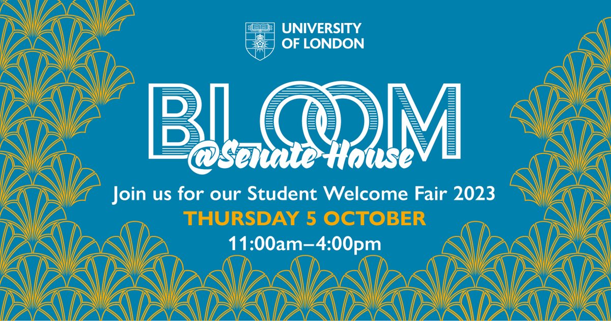UoLondon's tweet photo. We’re excited to invite you to our Student Welcome Fair on 5 October 11am-4pm, a free event for all new University of London students!
Come by to grab a free doughnut & hot drink, register for @SenateHouseLib and learn about our clubs, societies and services.
#BloomSenateHouse https://t.co/Xn6fdE0Qde