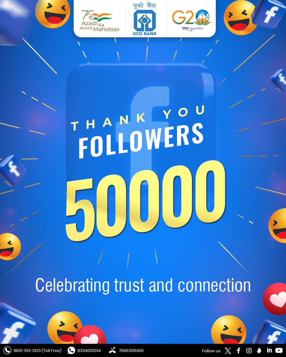 UCOBankOfficial's tweet photo. 50k Facebook followers!! 
A milestone of genuine connection and engagement. Thank You #Followers. #UCOTURNS80 #50KFollowers #UCOBank Honours Your Trust https://t.co/Z8eKYb1Bvq