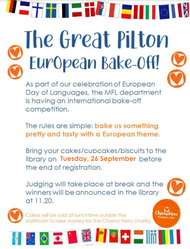 We're counting down to one of our favourite events in the school calendar. Next Tuesday is European Day of Languages when Y7 students will be enjoying speed-chatting challenges in the Library and we'll all be enjoying the fabulous cakes created for the  EDL Cake Competition!