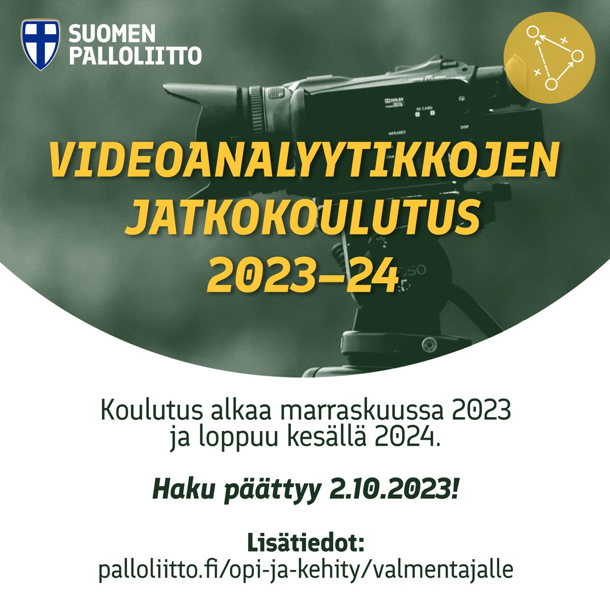 Haku auki videoanalyytikkojen jatkokoulutukseen❗️📹 Videoanalyytikkojen jatkokoulutus toteutetaan vajaan vuoden kestävänä prosessimuotoisena koulutuksena. Uusi koulutus alkaa marraskuussa 2023 ja loppuu kesällä 2024. Lue lisää ja hae! ⤵️ palloliitto.fi/ajankohtaista/…