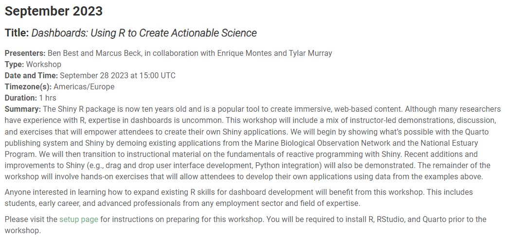 sortecoevo's tweet image. Registration open for our 10th event (28th Sep; 15:00 UTC), a workshop on:

&quot;Dashboards: Using R to Create Actionable Science&quot; 

Organizers: Ben Best &amp;amp; Marcus Beck, in collaboration with Enrique Montes &amp;amp; Tylar Murray

Register for free at: eventbrite.com/e/dashboards-u… #SORTEEtools