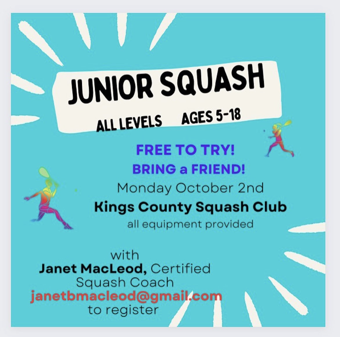 squashns's tweet photo. 📣 Calling all valley kids and youth! 📣

Participate in FREE junior squash with coach Janet MacLeod on Monday, October 2nd at King’s County Squash Club. Equipment provided.

All levels welcome, from beginner to advanced. Email janetbmacleod@gmail.com to register! https://t.co/N5yXfZVYCX