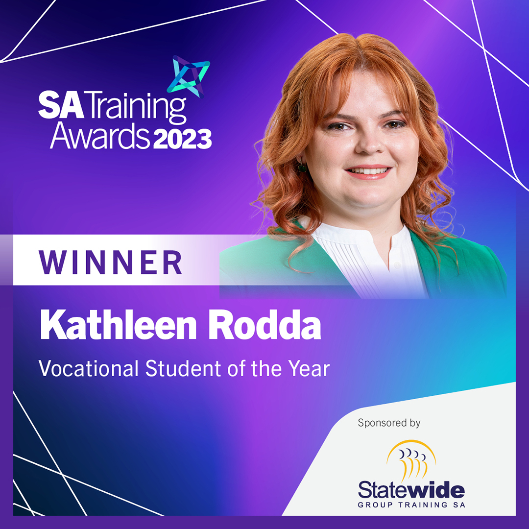 Congratulations to Kathleen Rodda – winner of the 2023 SA Training Awards Vocational Student of the Year! 🏆

Sponsored by Statewide Group Training SA

#SATrainingAwards