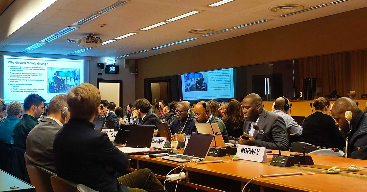 #TBT to our own Fionán O'Sullivan, Head of Connected Vehicle Systems, and Ross James, Programme Manager and Lead Safety Engineer, attending the Global Forum for Road Traffic Safety and presenting our teleoperation work at the United Nations office in Geneva. #DeliveringAutonomy