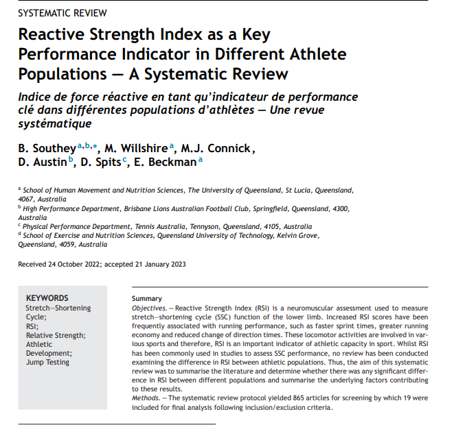 EamonnFlanagan's tweet photo. Reactive Strength as a Key Performance Indicator

Comprehensive systematic review from Ben Southey

Can RSI differentiate between different athlete populations or athlete groups?

Key takeaways:

✅ Sprint & power athletes have ↑ RSI
✅ Males have ↑ RSI vs females 
✅ Elite performers have ↑ RSI vs sub-elite
✅ High body mass positions have ↓  RSI
✅ Higher rel. strength of populations = ↑ RSI levels

They reviewed ≈40 research papers including only those which met high research standard (19)  in their analysis (Downs & Black research checklist).

Details:

🔸 Males consistently exhibit higher RSI vs females w/ moderate-large effect size differences. Female athletes typically achieved RSI values of 25-30% less than male counterparts

🔸 Within sports, elite athletes demonstrate higher RSI levels than sub-elite populations. Observed in 9 out of 14 relevant studies with moderate - v. large effect sizes

🔸 Sprint & power athletes have sig. higher RSIs compared to other sports (tennis, field hockey, soccer, rugby). Moderate-high differences observed. Studies included national ↔️ international level athletes w/ significant training history

🔸 RSI levels can differentiate between playing positions within sports such as btw backs/forwards in rugby & btw positions in basketball

🔸 In studies which evaluated their athletes based on speed ability (n = 3) faster athletes displayed higher RSI

 🔸Across studies, playing positions that require high body mass had inferior RSI compared to other positions. 

Some notes & cavaets from the authors:

Greater RSI scores in speed/power athletes may be equally (or partially) attributed to naturally stronger and faster athletes (fiber typing). Therefore impact of training should not be overstated.

Differences btw males and females may be due to underlying differences in relative strength levels.

The findings indicate that relative strength is an influencing factor that differentiates RSI performance between populations. This should be an area, which practitioners aim to develop if wanting to improve reactive strength.