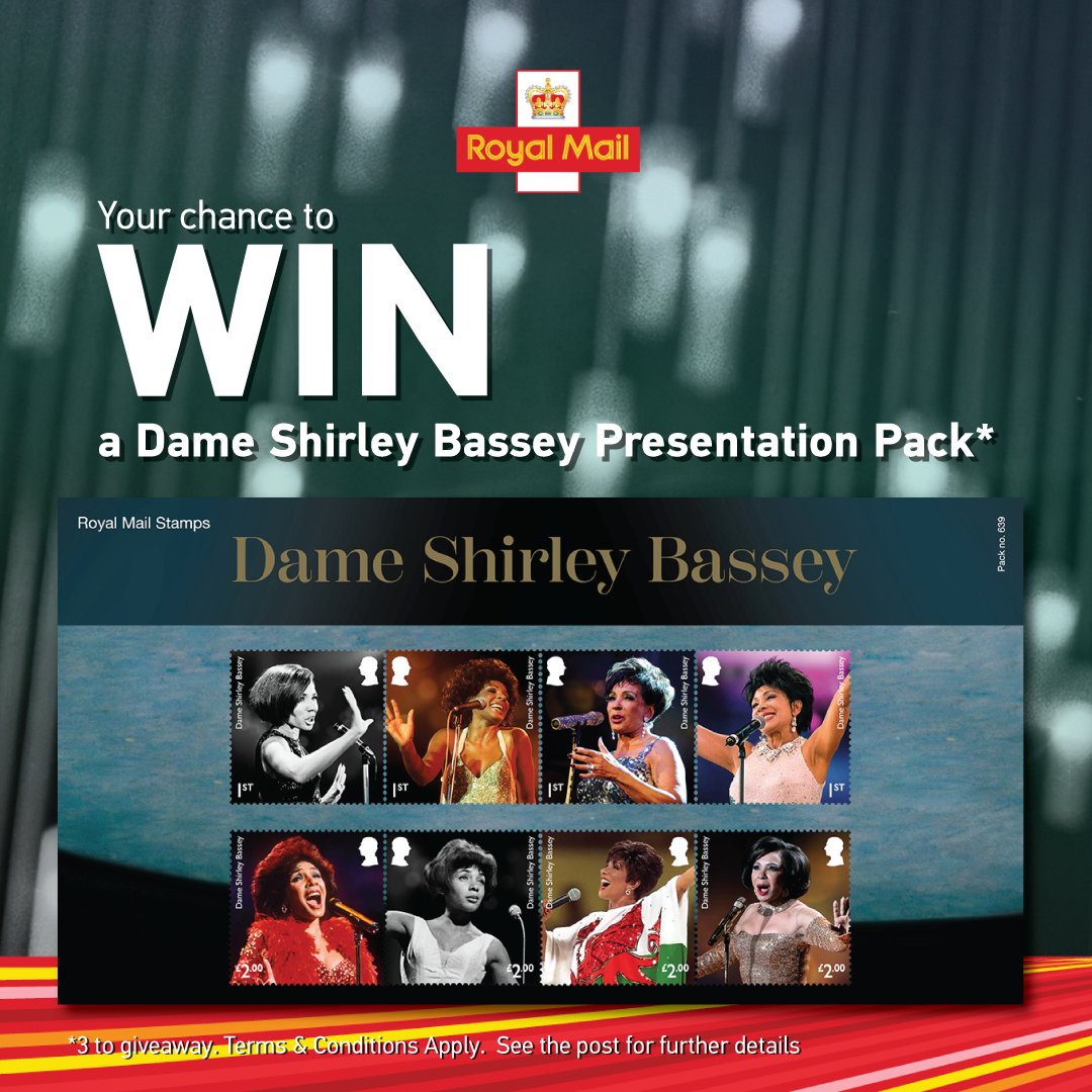 RoyalMail's tweet photo. Here's your chance to win a Dame @shirleybassey Presentation Pack. 

Q. In what year did Dame Shirley Bassey have her first UK no. 1 single?

To enter, like this tweet + RT + reply with the correct answer by 11:59pm on 26/09/2023

18+ UK only. Ts &amp; Cs: https://t.co/SFUwNV2ZEY https://t.co/U2NUHG1yaP