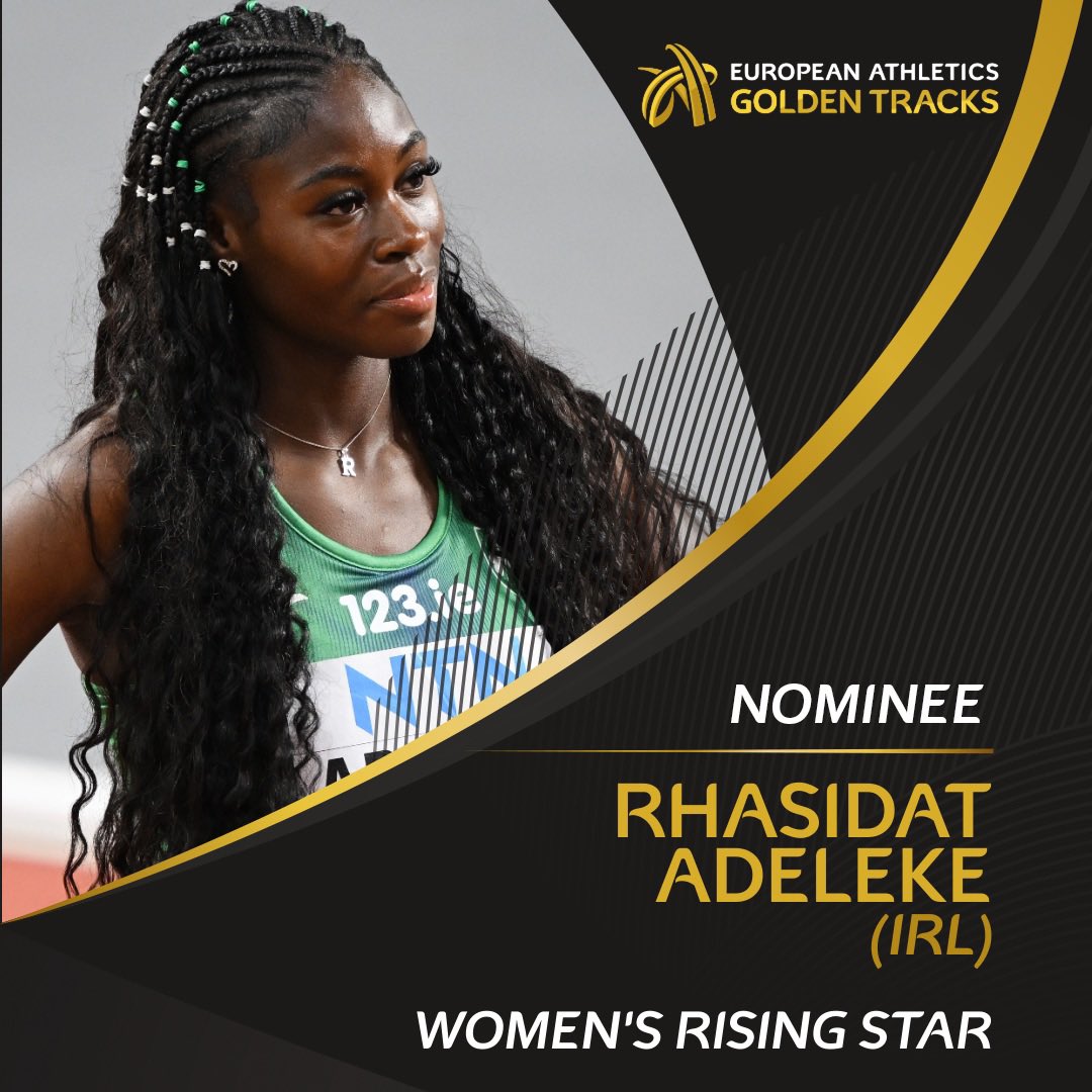 Rhasidat Adeleke 🇮🇪 is nominated for the women’s Rising Star award! ✨ 🎂 21 🌏 World 400m fourth-placer 🎓 NCAA 400m champion ⏱️ European 400m leader (49.20) Retweet to vote for Adeleke! 🗳️ Voting closes on 2 October. #GoldenTracks