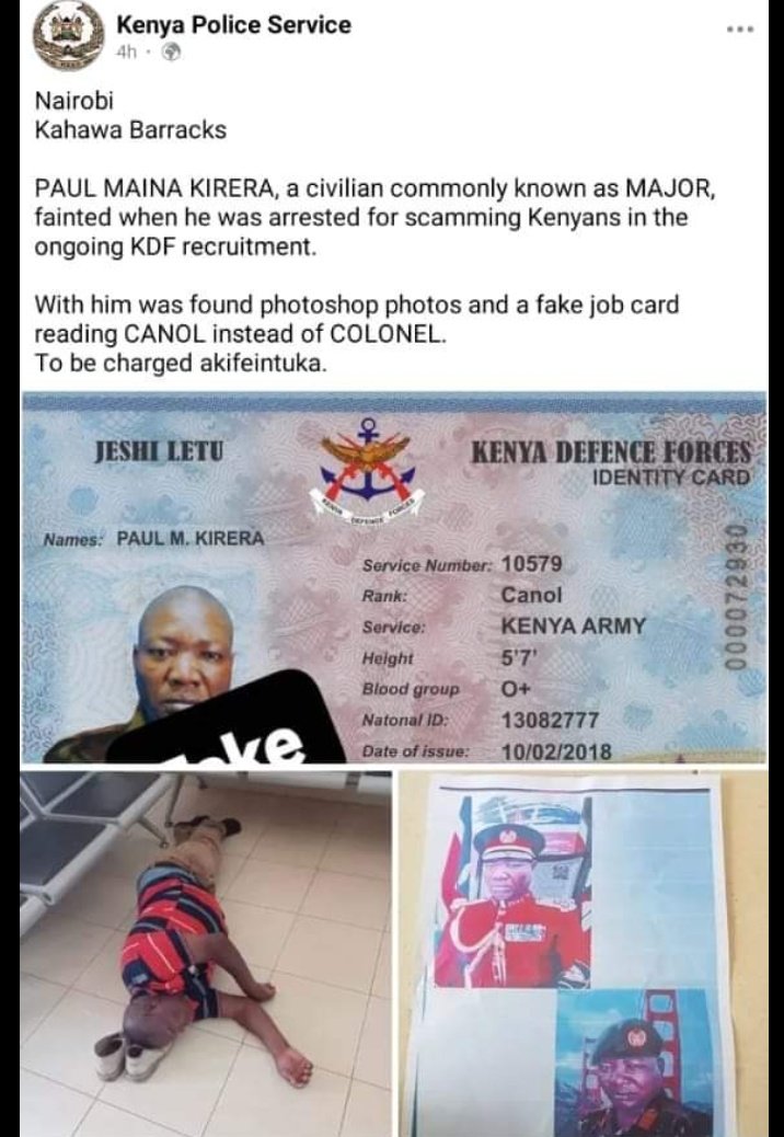 Goddie_Ke's tweet photo. Kahawa Barracks, Nairobi

The fake KDF major fainted during arrest but that was also faked https://t.co/0LkrHUENbk