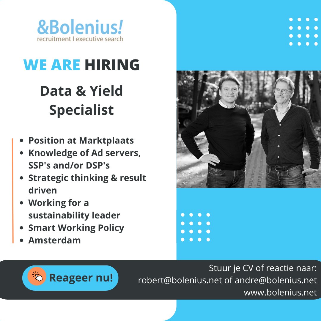 robertbolenius's tweet photo. Voor Marktplaats zijn we op zoek naar een Data &amp; Yield Specialist! Ontwikkel de (advertising) data strategie en support de display, video en AdSense yield strategie voor dit duurzaam top bedrijf. https://t.co/Wpmybgnlsp