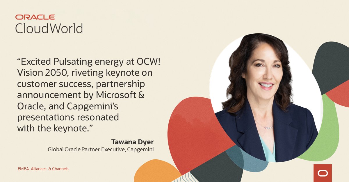 oracleemeaps's tweet image. What are Oracle @CloudWorld 2023 highlights for our #emeapartners?
Here is what Tawana Dyer from @Capgemini says. You want to learn more about Capgemini´s presence at #OCW23 👉 bit.ly/45Jykok
#CloudWorld #OCW23 #businessimpact