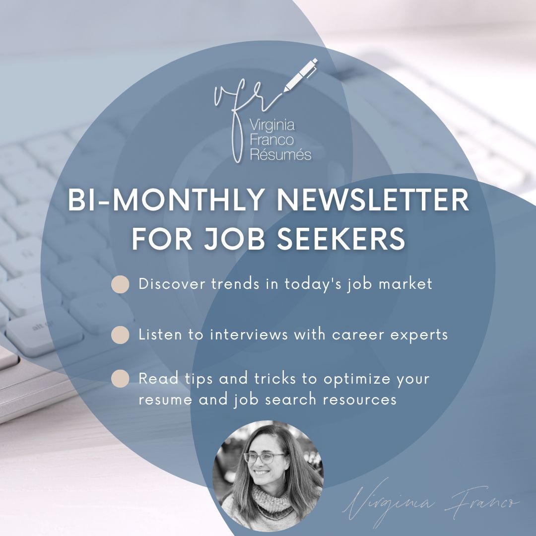 VAFrancoResumes's tweet image. Sign up for my bi-weekly newsletter 💌 and discover trends in today&apos;s #jobmarket, listen to #interviews with #careerexperts, and read tips and tricks to optimize your #resume and #jobsearch resources! Subscribe to my newsletter here: bit.ly/469M0Jz