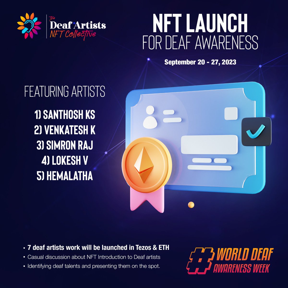 On the occasion of international deaf awareness week, we at <a href="/DeafCollective/">Deaf Artist NFT Collective</a> are launching a collection nfts by deaf artists.

<a href="/KS_smiley_/">Santhosh K S 🇮🇳</a> 
<a href="/venkatphotos21/">venkatesh K</a> 
<a href="/Lokesh_thangam/">lokesh_thangam</a> 
<a href="/simron_raj/">Simron Raj(🎨💙💛)| QUEEN is LIVE 🖤🤍</a> 
<a href="/HemalathaMurug9/">Art___by___hemalatha</a> 

Stay tuned for the updates ❤️