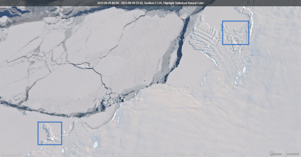 SHS_Space's tweet photo. 🐧🇦🇶 Possible new Emperor Penguin colony on sea ice 
 about 36 km from Dawson Lambton glacier colony. Imaged by Sentinel 2 (20-Sep-23). Nothing seen at this location in 2022. (Data @sentinel_hub, @ESA_EO, @CopernicusEU). @BBCAmos https://t.co/QuF65urXZr