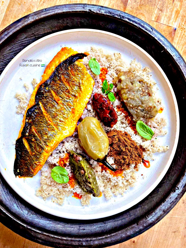 renatacuisine's tweet photo. A healthier version of
Sierra Leone Style Lafidi with Steamed Fonio Millet aka Fundai ๐ธ๐ฑ
Pan Fried Sea Bass
Mashed Jakato / Egg plant , Okra &, Peppeh Blend
kaindah and Sprinkle of palm Oil.
Would you have this for Bfast , Lunch / Dinner ?
#Slchef
#salonetwitter๐ธ๐ฑ https://t.co/vay2syBnS5